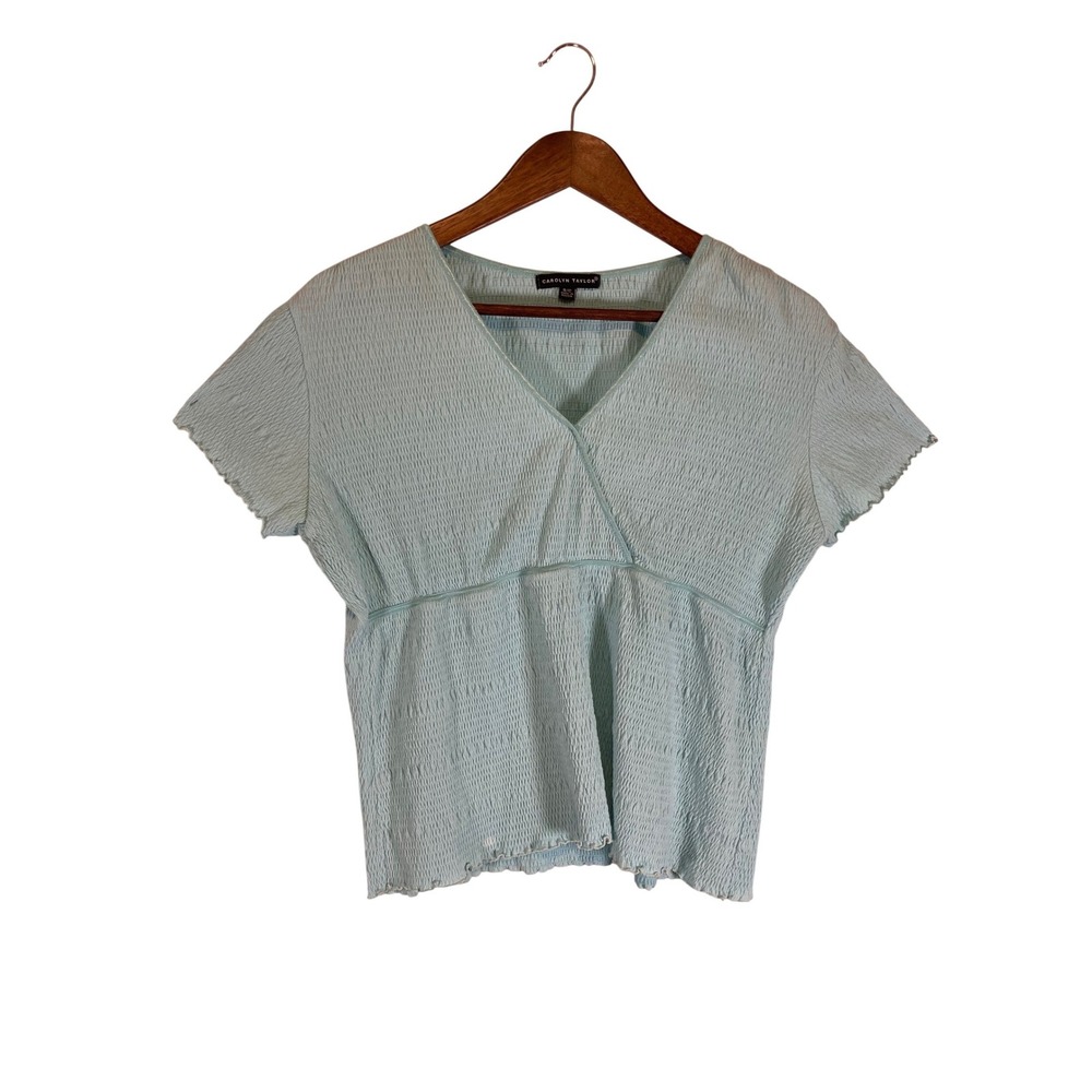 Cottagecore Carolyn Taylor Women S Light Blue Smocked‎ Lettuce Trim Surplice Top